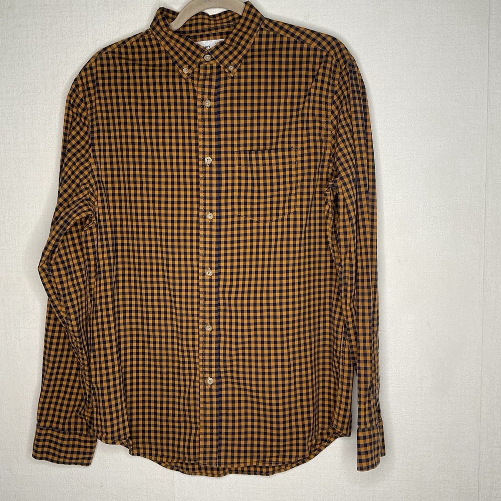 Old Navy Everyday Built In Flex Shirt‎ M Brown Navy Plaid Button Up Long Sleeve